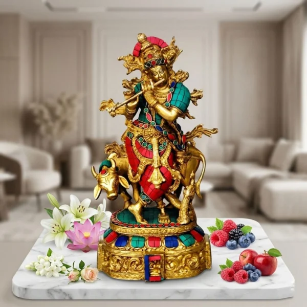 Krishna Ji with Flute Idol in Brass, 12.5 inch, brass, Vedikcraft Moradabad
