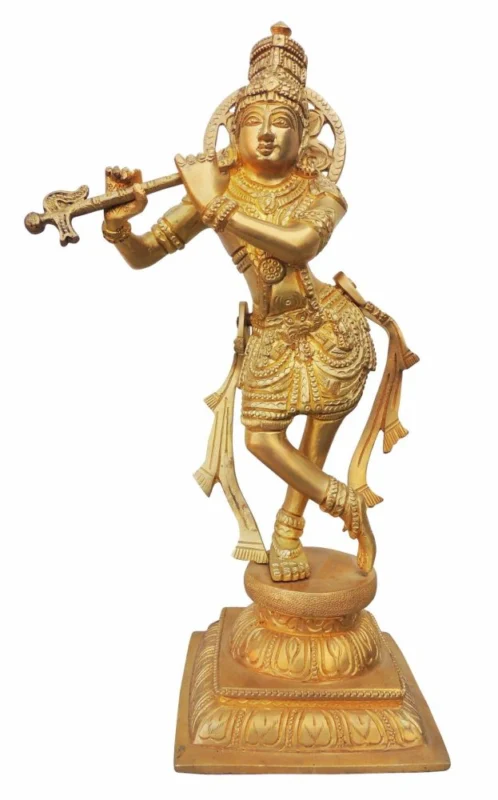 Krishna Ji with Flute Idol in Brass, Dancing, 12 inch
