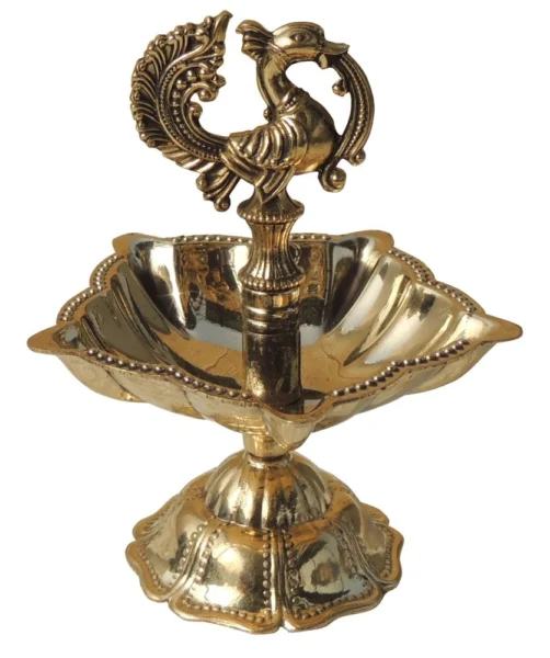 Brass Cock Oil Lamp (Deepak) (Murga), 4 inch, brass, Vedikcraft Moradabad