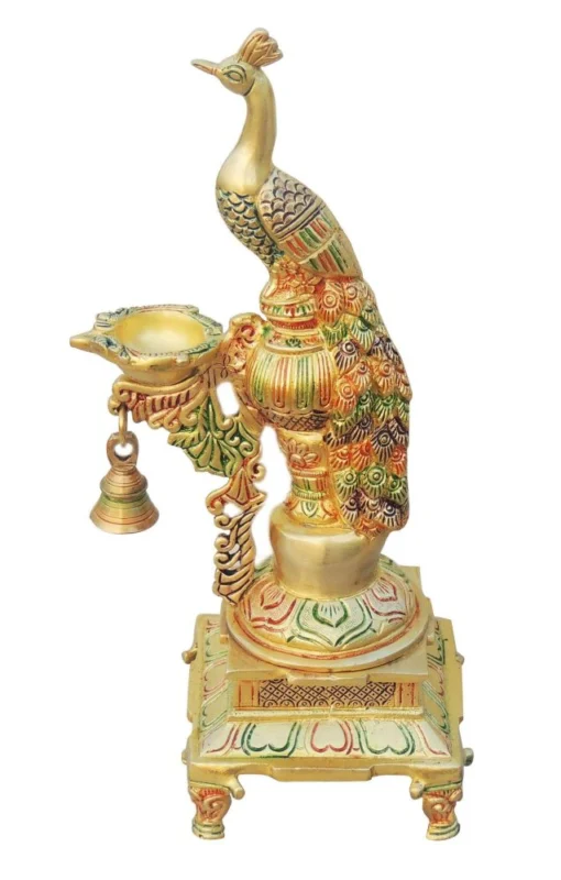 Brass Peacock Oil Lamp (Deepak), 11.5 inch