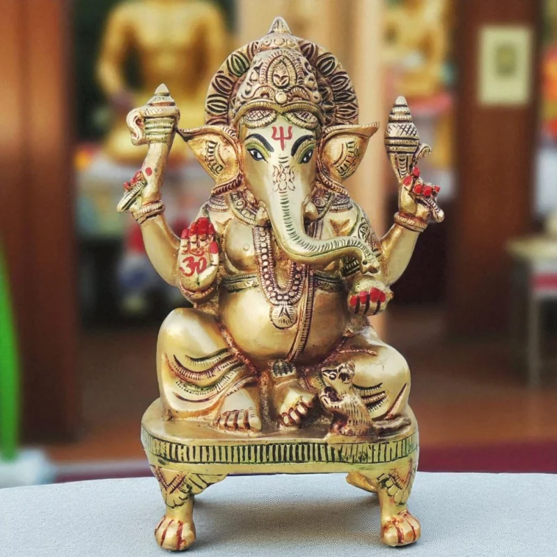 Ganesh Ji Idol in Brass, with Chowki, 9.5 inch – for Pooja Room