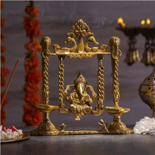 Ganesh Ji Idol in Brass, on Jhula (Parrot), brass, Vedikcraft Moradabad