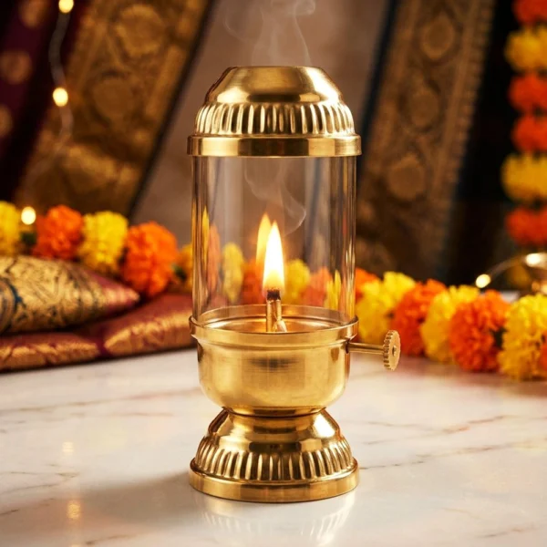 Brass Table Oil Lamp (Samai) (Chimney), 6.5 inch, brass, Vedikcraft Moradabad