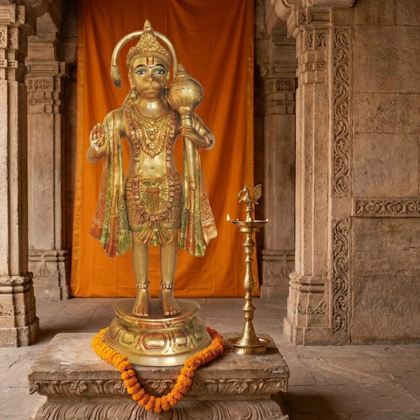 Brass standing Hanuman idol, 27 inch, on a stone plinth in a temple hall with a deepak stand and marigold garland