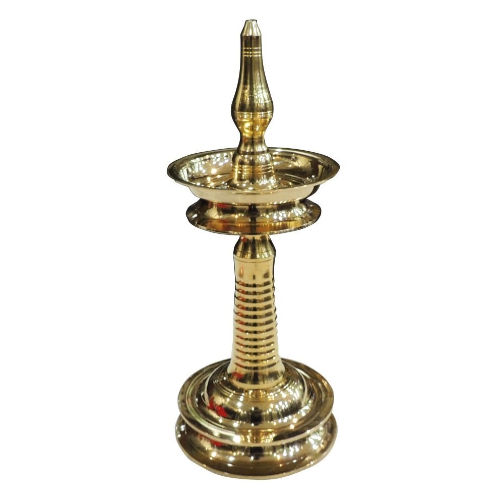 Brass Kerala Lamp (Nilavilakku) (Round), 14.5 inch, brass, Vedikcraft Moradabad