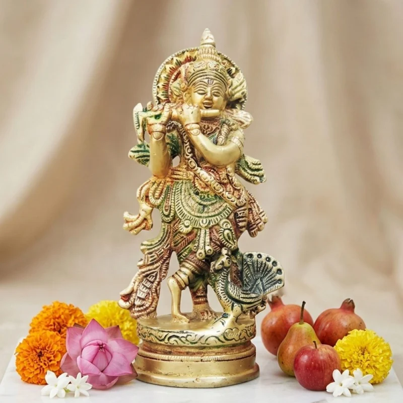 Krishna Ji with Flute Idol in Brass, 6.8 inch – for Home Mandir