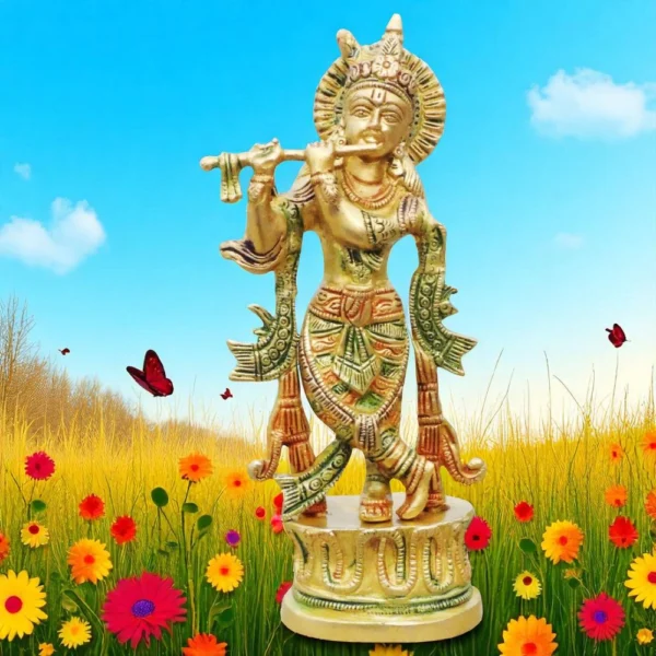 Krishna Ji with Flute Idol in Brass, 8.5 inch, brass, Vedikcraft Moradabad