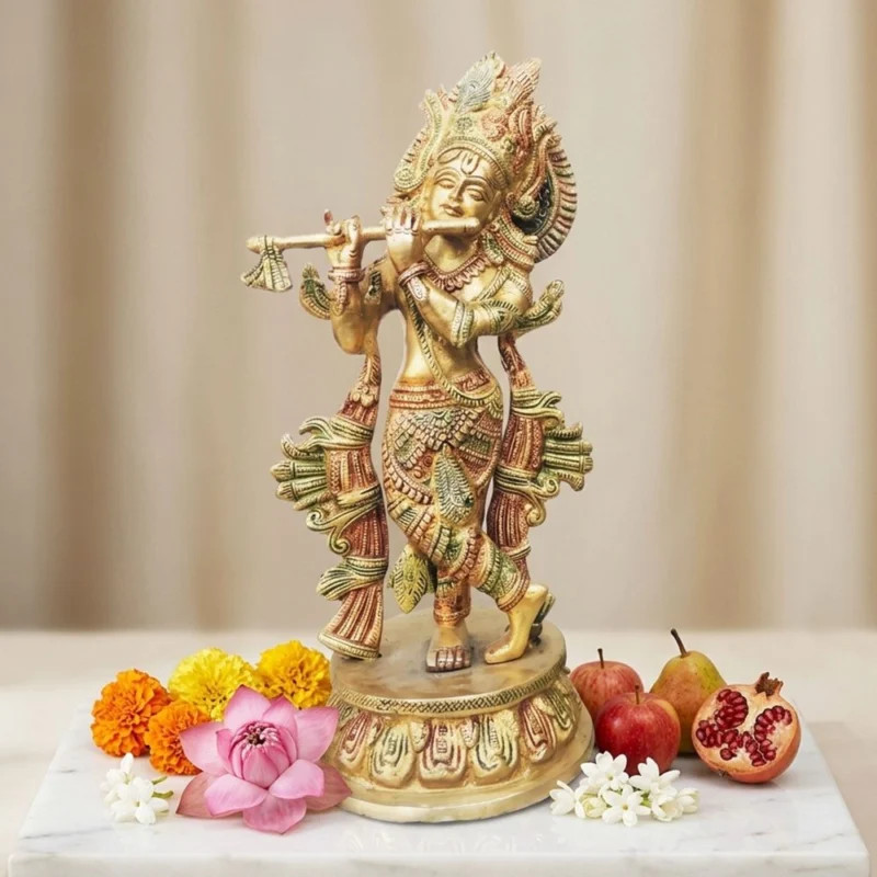 Krishna Ji with Flute Idol in Brass, 13 inch – for Pooja Room