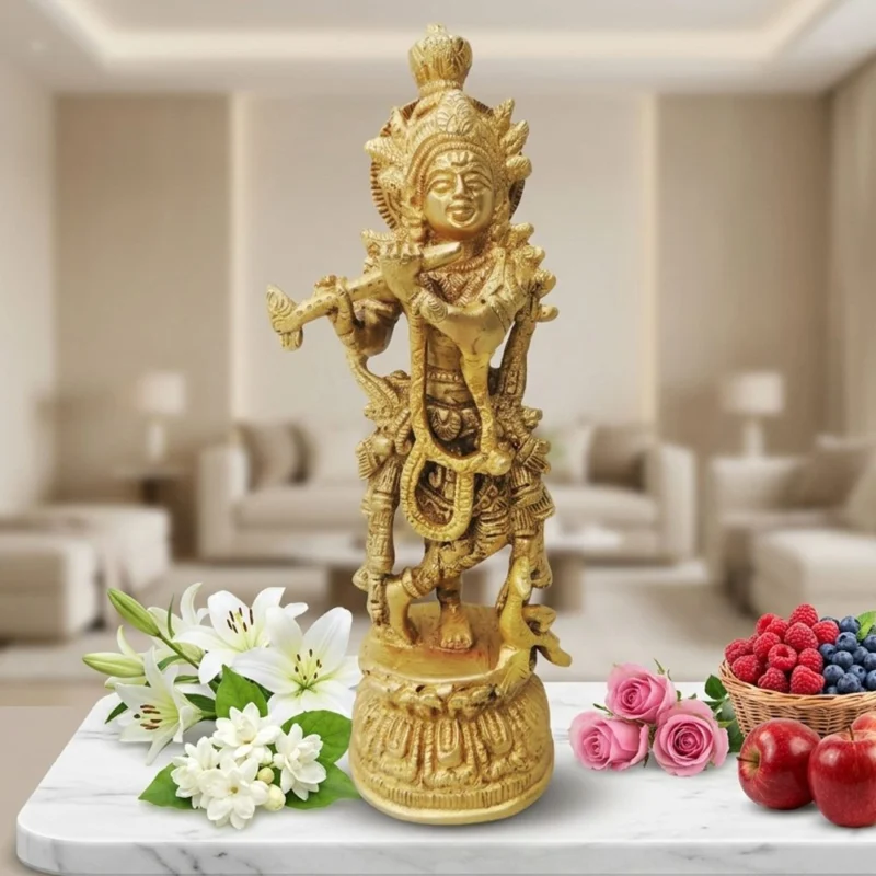 Krishna Ji with Flute Idol in Brass (Normal), 8.5 inch – for Pooja Room
