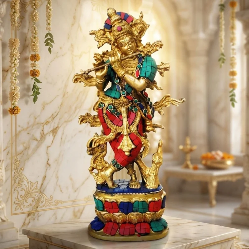 Krishna Ji with Flute Idol in Brass, 12 inch, 3.37 kg – for Pooja Room
