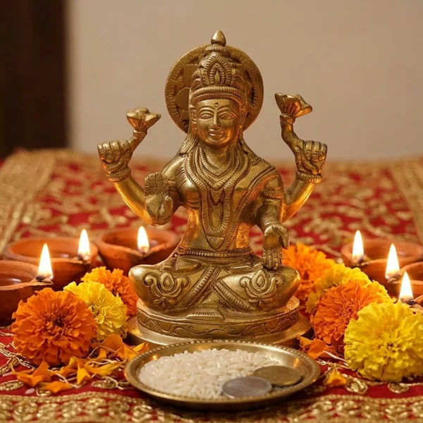 Brass Lakshmi idol, 6 inch, on a red and gold cloth with lit diyas, marigolds and a plate of rice and coins for Diwali puja