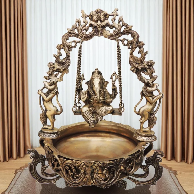 Brass Urli Bowl for Floating Flowers (Made Lord Ganesha), 15.5 inch