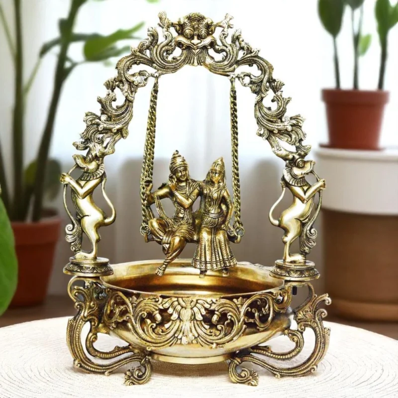 Brass Urli Bowl for Floating Flowers (Radha Krishna Swing), 14.7 inch