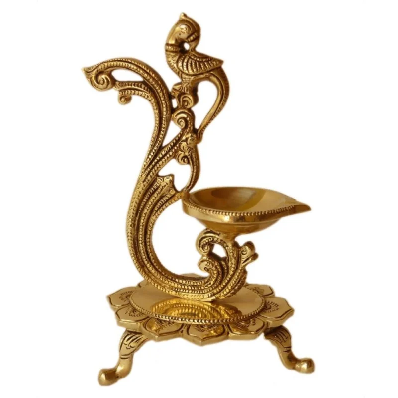 Brass Peacock Oil Lamp (Deepak) (Wick), 8 inch