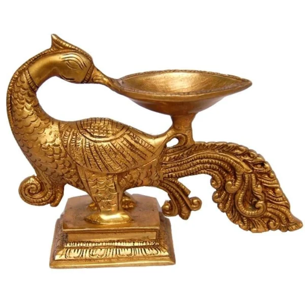 Brass Peacock Oil Lamp (Deepak) (Wick), 5 inch, brass, Vedikcraft Moradabad