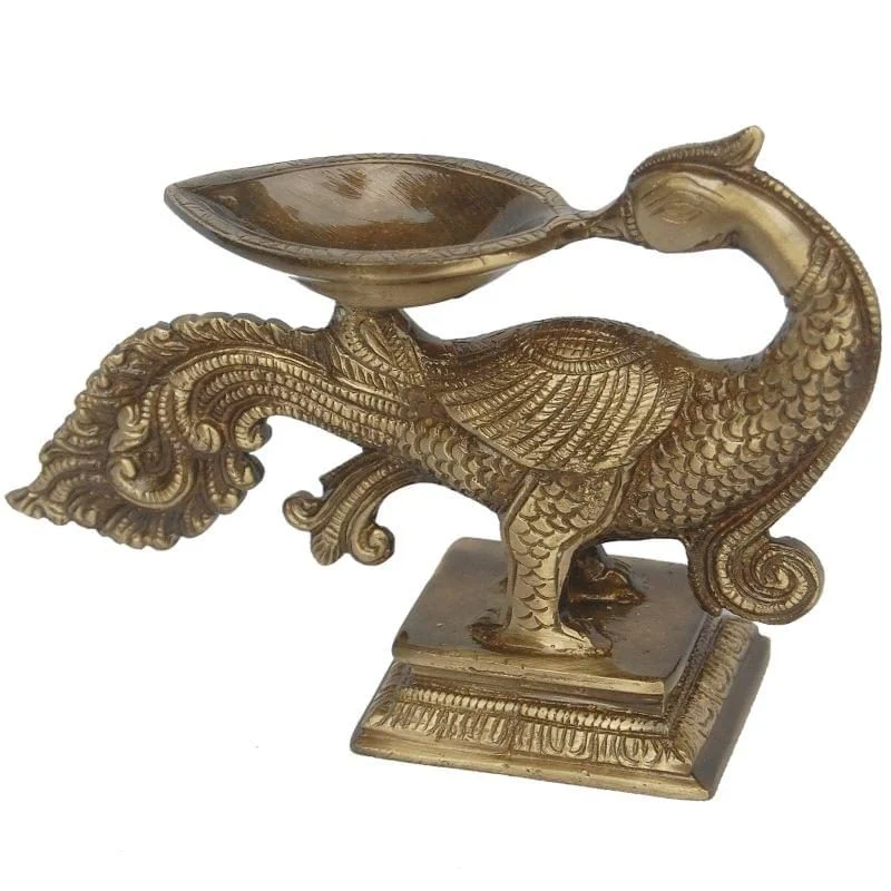 Brass Peacock Oil Lamp (Deepak) (Wicks), 5 inch, 810 g