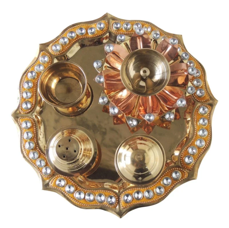 Brass Pooja Thali, 8 inch, design Z536-A, copper