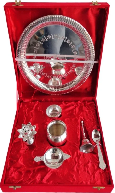 Brass Pooja Thali Set (Valvet Box), 11.5 inch