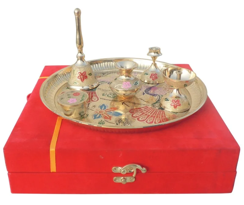 Brass Pooja Thali Set (Valvet Box), 1.36 kg