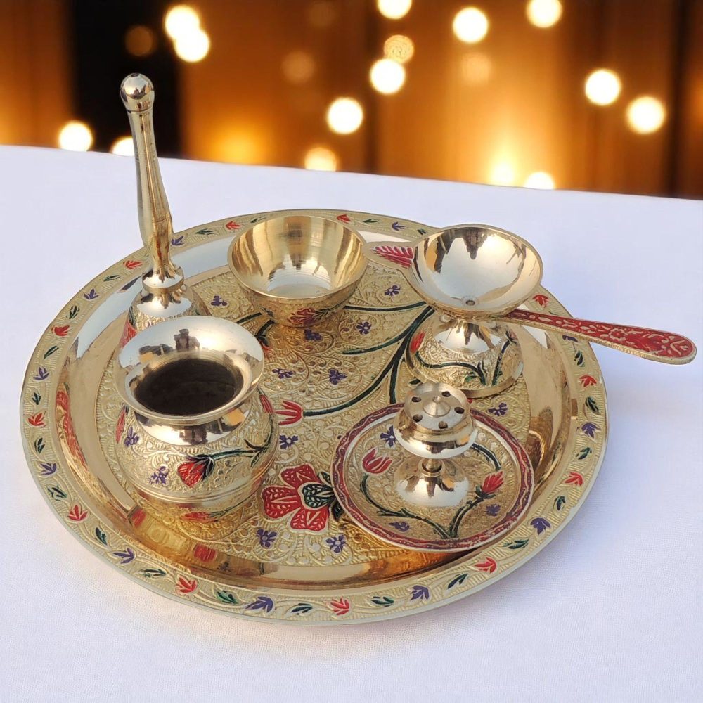 Brass Pooja Thali Set (Valvet Box), brass, Vedikcraft Moradabad