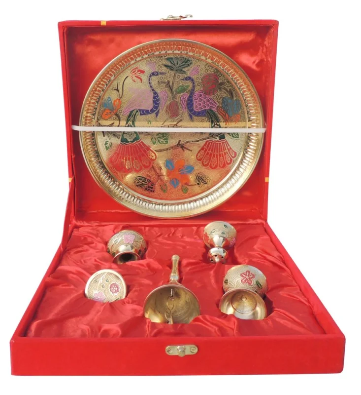 Brass Pooja Thali Set (Valvet Box), 1.36 kg