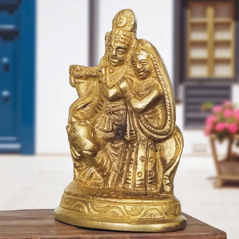 Krishna Ji with Cow Idol in Brass (Radha), 2.8 inch – for Desk and Car