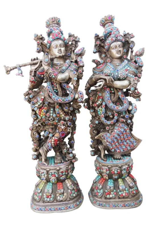 Radha Krishna Idol in Brass, 28.5 inch, silver plated brass