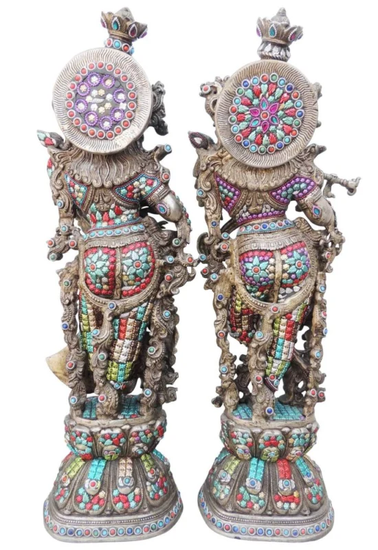 Radha Krishna Idol in Brass, 28.5 inch, silver plated brass