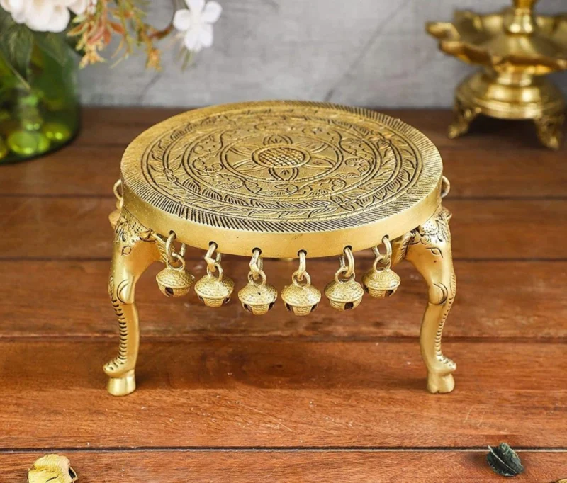 Brass Chowki for Pooja (Bajot) (Round), 6.5 inch, 1.3 kg
