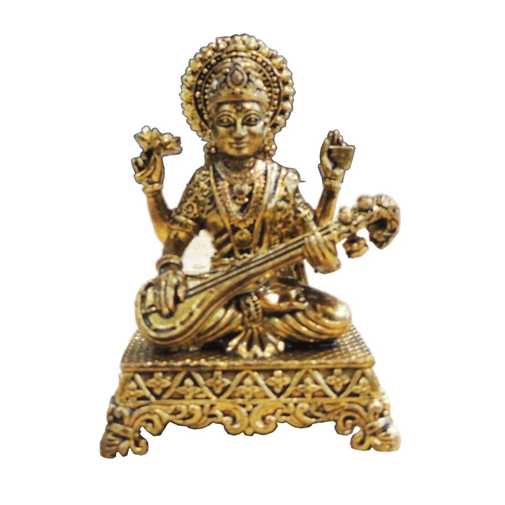 Saraswati Ji Idol in Brass (Small), 2.5 inch, brass, Vedikcraft Moradabad