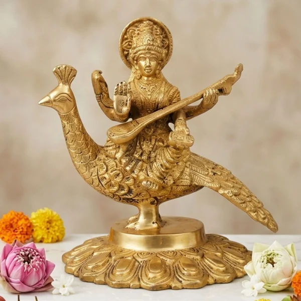 Saraswati Ji Idol in Brass, 6.6 inch, brass, Vedikcraft Moradabad