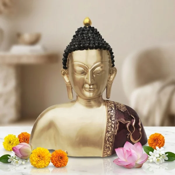 Buddha Idol in Brass, Bust (Head Chest), 18 inch, brass, Vedikcraft Moradabad