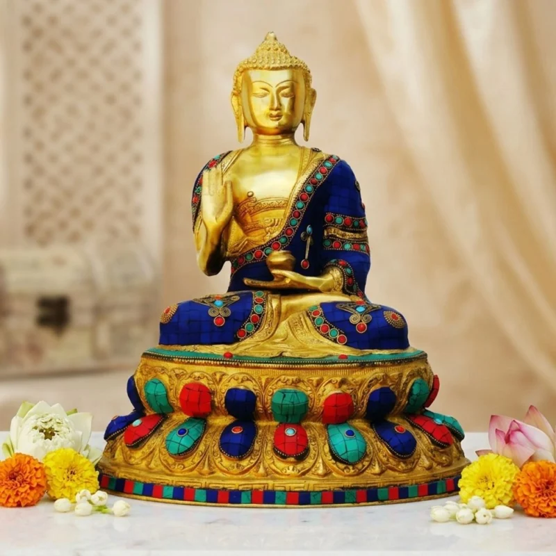 Buddha Idol in Brass (Budha Turquoise), 16 inch – for Temple and Entrance