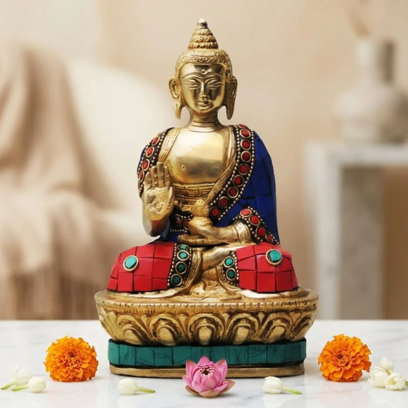 Buddha Idol in Brass (Budha Turquoise Coral), 7 inch – for Home Mandir