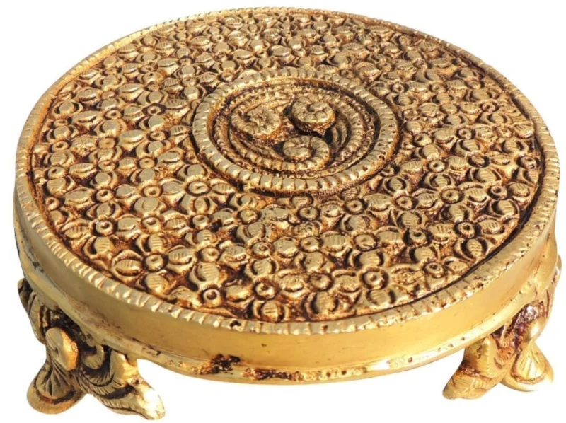 Brass Chowki for Pooja (Bajot) (Round), 5 inch