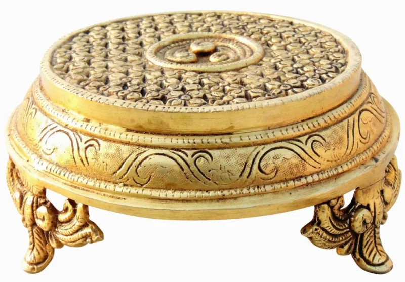 Brass Chowki for Pooja (Bajot) (Round), 6.5 inch, 1.53 kg