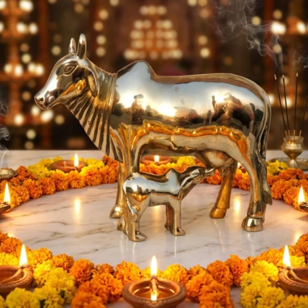 Brass Cow with Calf Showpiece, 8 inch, brass, Vedikcraft Moradabad