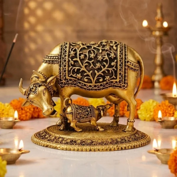 Brass Cow Showpiece, 3.5 inch, 520 g, brass, Vedikcraft Moradabad