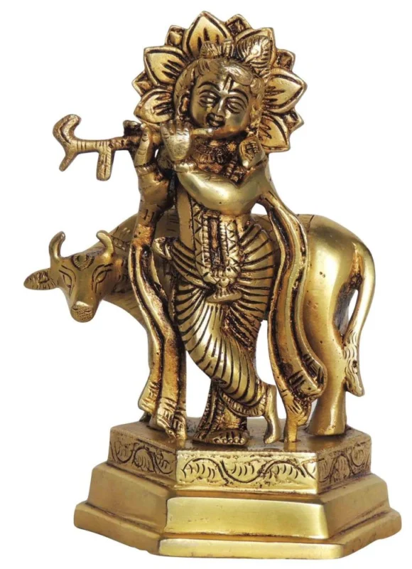 Krishna Ji with Flute Idol in Brass, 6.6 inch