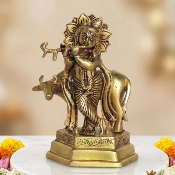 Krishna Ji with Flute Idol in Brass, 6.6 inch, brass, Vedikcraft Moradabad