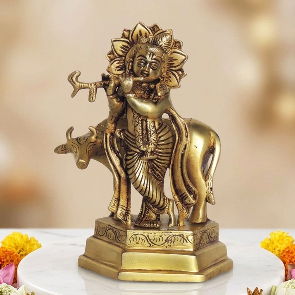 Krishna Ji with Flute Idol in Brass, 6.6 inch, brass, Vedikcraft Moradabad