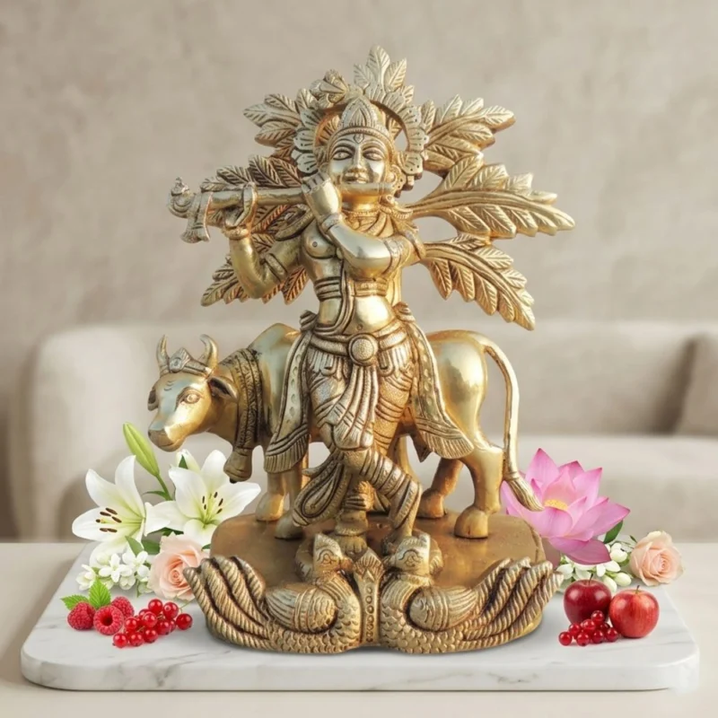 Krishna Ji with Flute Idol in Brass, 8.7 inch – for Pooja Room