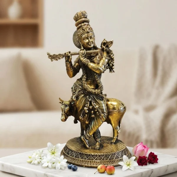 Krishna Ji with Flute Idol in Brass, 8 inch, brass, Vedikcraft Moradabad