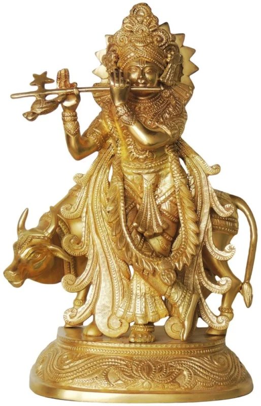 Krishna Ji with Flute Idol in Brass, 13.8 inch