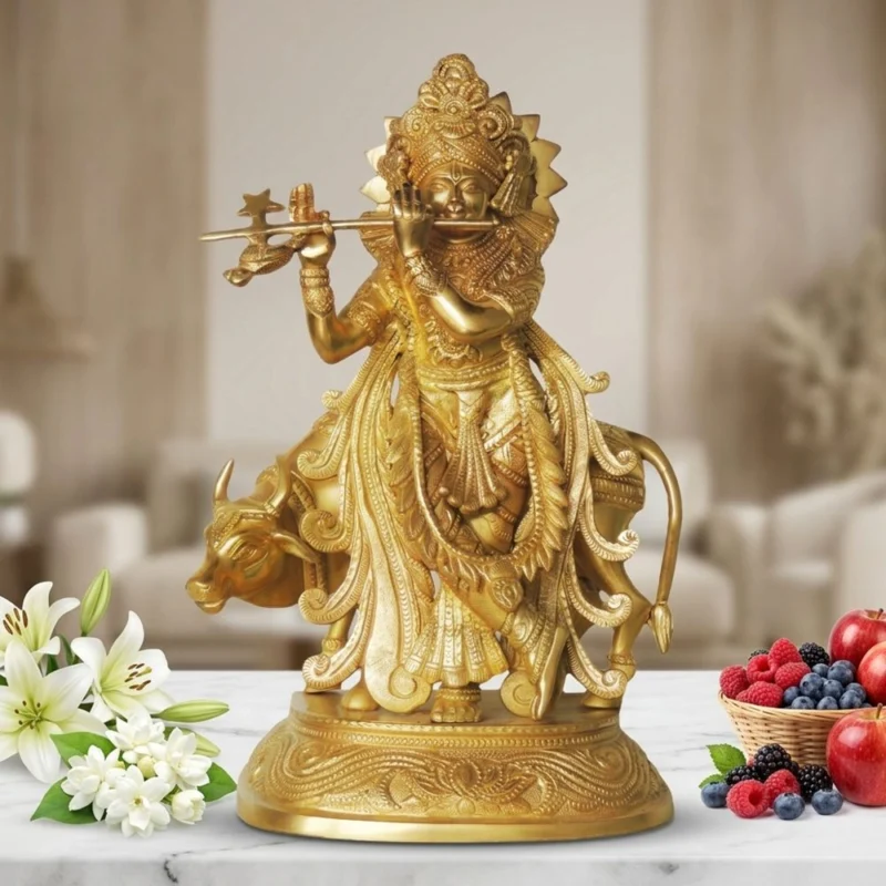 Krishna Ji with Flute Idol in Brass, 13.8 inch – for Pooja Room