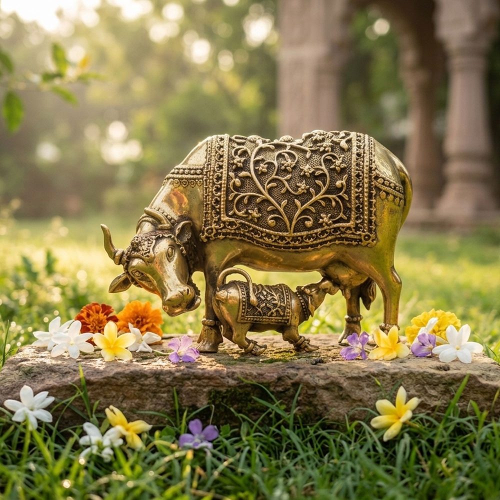 Brass Cow with Calf Showpiece, 4 inch, brass, Vedikcraft Moradabad