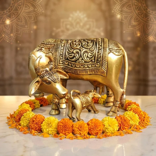 Brass Cow with Calf Showpiece, 4 inch, 540 g, brass, Vedikcraft Moradabad