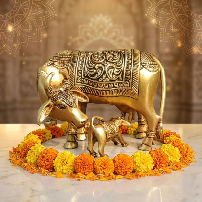 Brass Cow with Calf Showpiece, 4 inch, 540 g – for Table Décor