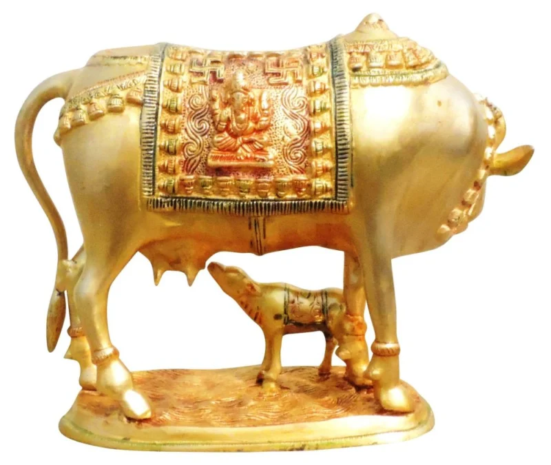 Brass Cow with Calf Showpiece, 9.5 inch