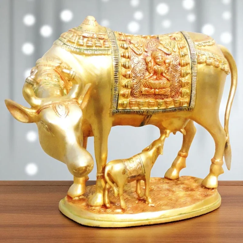Brass Cow with Calf Showpiece, 9.5 inch – for Table Décor